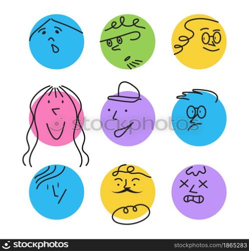 Cute circle abstract geometrical faces set. Emotions on colorful spots. Persil hand drawn style. Sad, angry, smile characters on flat style. Funny round faces.. Cute circle abstract geometrical faces set. Emotions on colorful spots. Persil hand drawn style.