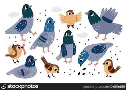 Cute city birds. Funny little street sparrows and pigeons. Different poses and actions. Cartoon characters with wings and beaks. Doves pecking grains. Urban fauna. Vector flying feathered animals set. Cute city birds. Funny street sparrows and pigeons. Different poses and actions. Cartoon characters with wings and beaks. Doves pecking grains. Urban fauna. Vector feathered animals set