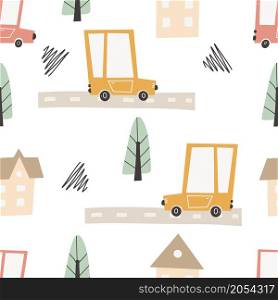 Cute city map with roads and transport. Vector seamless pattern. Childish hand-drawn scandinavian style. For nursery room, textile, wallpaper, packaging, clothing. Digital paper. Cute city map with roads and transport. Vector seamless pattern. Digital paper