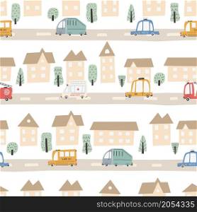 Cute city map with roads and transport. Vector seamless pattern. Childish hand-drawn scandinavian style. For nursery room, textile, wallpaper, packaging, clothing. Digital paper. Cute city map with roads and transport. Vector seamless pattern. Digital paper