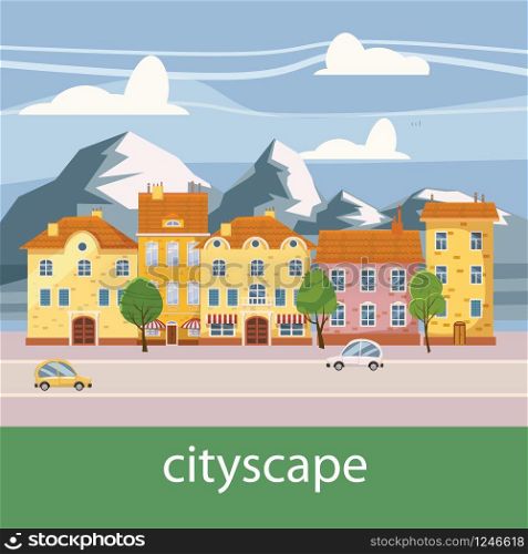 Cute cityscape, beautiful houses, cartoon style isolated vector. Cute cityscape, beautiful houses, cartoon style, isolated, vector, illustration