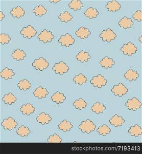 Cute cloud sky seamless pattern on blue background. Simple cloudy texture wallpaper. Design for fabric, textile print, wrapping paper, childish textiles. Doodle vector illustration.. Cute cloud sky seamless pattern on blue background. Simple cloudy texture wallpaper.