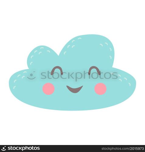 Cute cloud with happy smiling face. Funny baby character. Childish flat colored vector illustration isolated on white background.. Cute cloud with happy smiling face. Funny baby character. Childish flat colored vector illustration isolated on white background