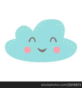 Cute cloud with happy smiling face. Funny baby character. Childish flat colored vector illustration isolated on white background.. Cute cloud with happy smiling face. Funny baby character. Childish flat colored vector illustration isolated on white background