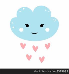 Cute cloud with heart on white background. Rain. Vector doodle illustration. Summer smiley face. Sticker for girl. Decor of postcard. Print on poster and clothes.
