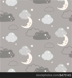 Cute Clouds and Moon Seamless Pattern beige vector background.. Cute Clouds and Moon Seamless Pattern beige vector background