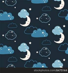 Cute Clouds and Moon Seamless Pattern blue and white vector background.. Cute Clouds and Moon Seamless Pattern blue and white vector background