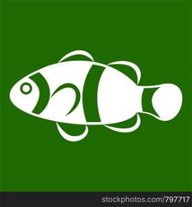 Cute clown fish icon white isolated on green background. Vector illustration. Cute clown fish icon green
