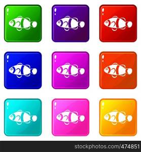 Cute clown fish icons of 9 color set isolated vector illustration. Cute clown fish icons 9 set