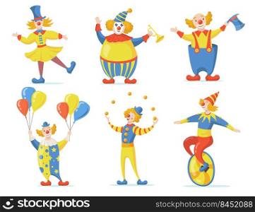 Cute clowns set. Circus and carnival performers dancing, juggling, riding monocycle. Vector illustrations for entertainment, fun, holiday concept