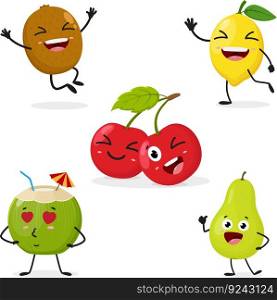 Cute coconut, pear, lemon, kiwi and cherry fruits cartoon characters	