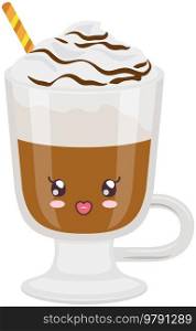 Cute coffee latte with froth and syrup sticker kawaii icon vector design. Adorable hot drink in glass with positive emotion, japanese, oriental culture symbol anime, innocence and childishness. Cute coffee latte with froth and syrup sticker kawaii. Hot drink in glass with positive emotion
