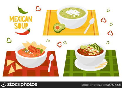 Cute collection Mexican soups. Green soup with avocado and Mexican Tomato Soup with tortilla chips in served dishes on tablecloth. Vector isolated illustrations of Latin American national dish