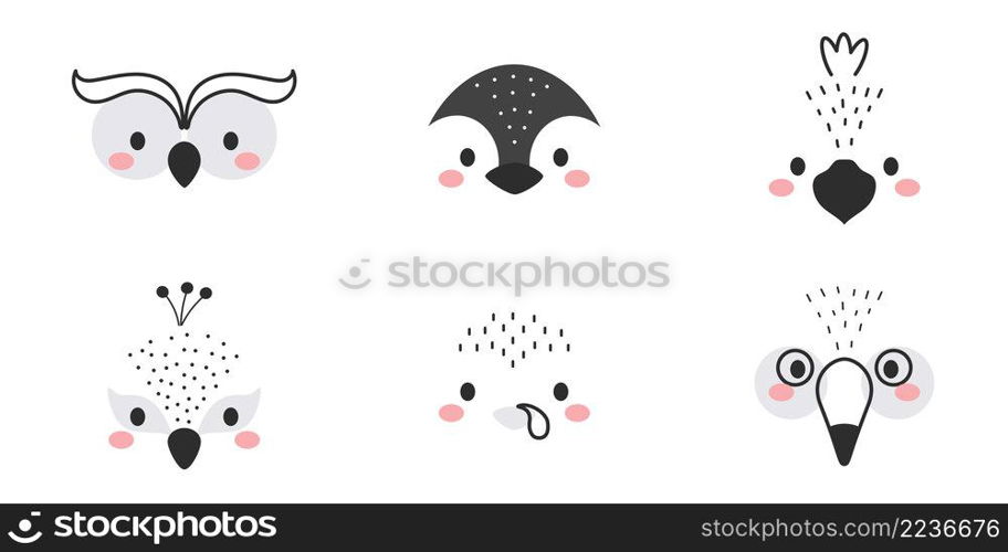 Cute collection of cartoon animal faces. Party decor for children. Childish print for cards, stickers, invitation, nursery decoration. Vector illustration.