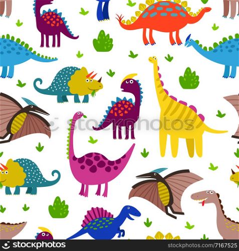 Cute colored dinosaurus seamless pattern vector design. Illustration of seamless background dino, animal dinosaur character. Cute colored dinosaurus seamless pattern vector design