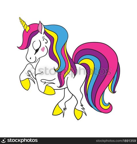 Cute colorful cartoon unicorn isolated icon for print, sticker, greeting card. Vector illustration for children.