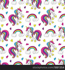 Cute colorful cartoon unicorns and rainbow seamless pattern. Vector illustration for children.