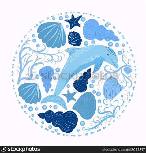 Cute colorful children&rsquo;s cartoon dolphin and marine elements isolated on a white background. illustration of an underwater creature. Hand-drawn. dolphin and marine elements isolated on a white background
