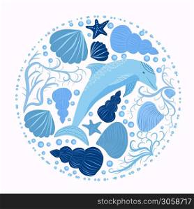 Cute colorful children&rsquo;s cartoon dolphin and marine elements isolated on a white background. illustration of an underwater creature. Hand-drawn. dolphin and marine elements isolated on a white background