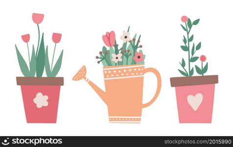 Cute colorful flowers in pots. Nature cartoon vector illustration of flowers and leaves beautiful collection. Blossom plant, botanical flowerpot.. Cute colorful flowers in pots. Nature cartoon vector illustration of flowers and leaves beautiful collection. Blossom plant, botanical flowerpot