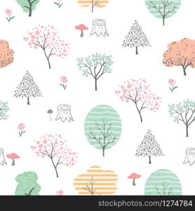 Cute colorful forest seamless pattern,hand drawn cartoon isolated on white background,vector illustration