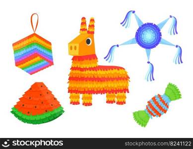 Cute colorful pinatas for parties vector illustrations set. Mexican paper toys with treats inside in shape of donkey, candy for birthday or carnival isolated on white background. Celebration concept