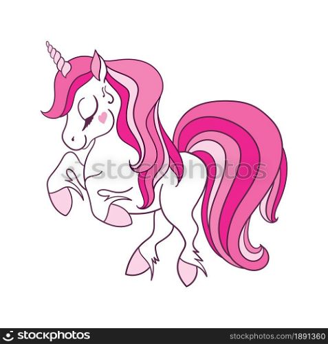Cute colorful pink cartoon unicorn isolated icon. Vector illustration for children.