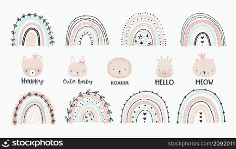 Cute colorful rainbows and animal faces set. T shirt print design element. Bright colored vector illustration in flat cartoon style isolated on white background.. Cute colorful rainbows and animal faces set. T shirt print design element. Bright colored vector illustration in flat cartoon style isolated on white background