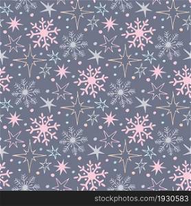 Cute colorful snowflakes and stars. Winter background. Vector seamless pattern.