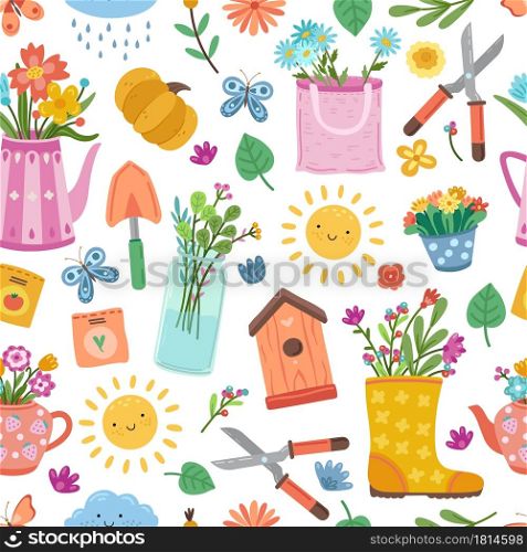 Cute colorful spring pattern. Bright floral design, summer flower in boots. Gardening planting textile vector seamless texture. Pattern gardening leaf, rubber boot and flower blossom illustration. Cute colorful spring pattern. Bright floral design, summer flower in boots. Gardening planting textile print exact vector seamless texture