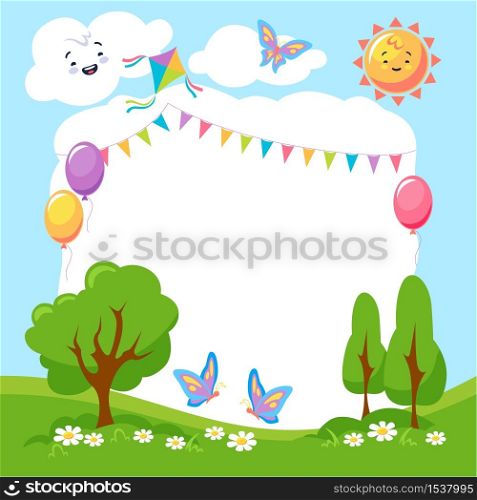 Cute colorful summer creative children frame with empty place for photo or text vector graphic illustration. Cartoon natural landscape template with sun, cloud, park, balloon and holiday decoration. Cute colorful summer creative children frame with empty place for photo or text illustration