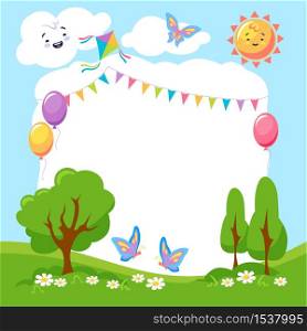 Cute colorful summer creative children frame with empty place for photo or text vector graphic illustration. Cartoon natural landscape template with sun, cloud, park, balloon and holiday decoration. Cute colorful summer creative children frame with empty place for photo or text illustration