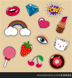 Cute colourful girl vector fashion patches. Lipstick, rainbow, diamond and strawberry icons. Vector embroidery badge and patch, heart sticker and strawberry applique illustration. Cute colourful girl vector fashion patches. Lipstick, rainbow, diamond and strawberry icons