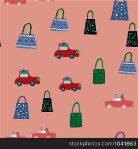 Cute colours cars and gift bags seamless pattern on pink background. Web, wrapping paper, background fill.. Cute colours cars and gift bags seamless pattern on pink background