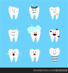 Cute comic teeth mascots, cartoon tooth characters. Children stomatology set, shiny and dirty dental elements. Unhappy decay and clean oral classy vector character of mascot illustration. Cute comic teeth mascots, cartoon tooth characters. Children stomatology set, shiny and dirty dental elements. Unhappy decay and clean oral classy vector character