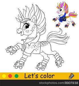 Cute cool unicorn on a roller skates. Kids coloring book page with color template. Vector cartoon illustration. Educational page. For kids coloring, postcard, print, design, decor, tattoo, game. Kids coloring cartoon unicorn character vector illustration 5