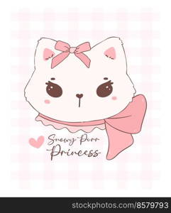 Cute coquette cat face with Valentine fluffy white kitten adorned with pink ribbon bow.