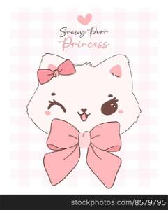 Cute coquette cat face with Valentine fluffy white kitten adorned with pink ribbon bow.