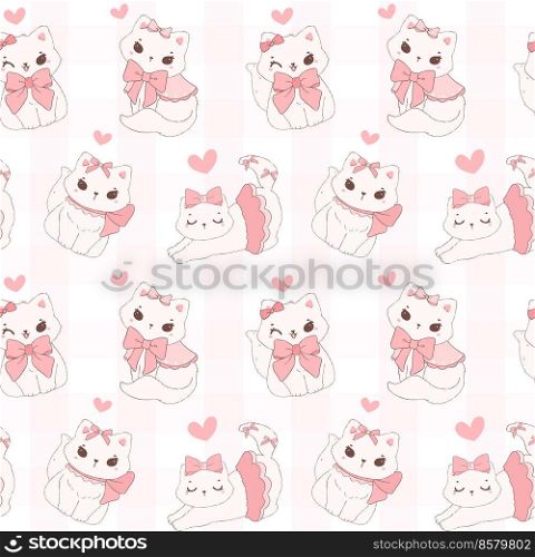 Cute coquette cats with Valentine fluffy white kitten adorned with pink ribbon bow pattern seamless isolated on white background.