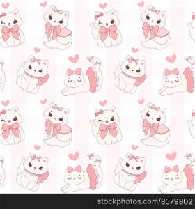 Cute coquette cats with Valentine fluffy white kitten adorned with pink ribbon bow pattern seamless isolated on white background.