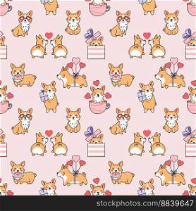 Cute corgi and heart. Seamless pattern for Valentine  Day. Printing on fabric and wrapping paper.