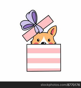 Cute corgi dog is sitting in gift box. Pet. Design element for postcards, icons, stickers. Vector doodle illustration. Birthday surprise.