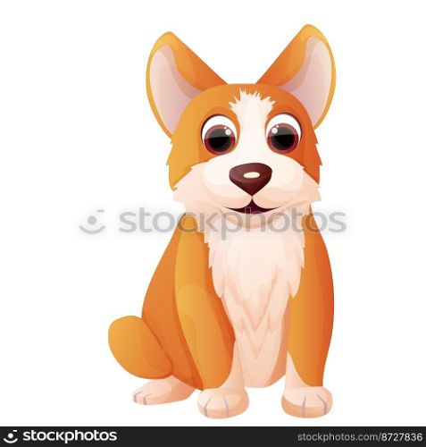 Cute corgi dog sitting, adorable pet in cartoon style isolated on white background. Comic emotional character, funny pose. Vector illustration 