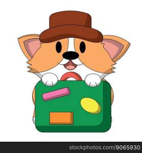 Cute Corgi dog with travel suitcase and hat in color