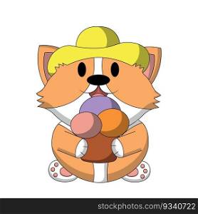 Cute Corgi in a beach hat and with ice cream in color
