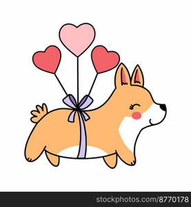 Cute corgi puppy and heart shaped balloons. Vector icon for Valentine’s Day. Hand drawn illustration. Funny pet. Postcard decor element.