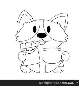 Cute Corgi with chocolate bar and cup in black and white