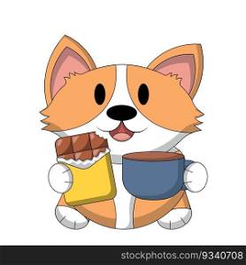 Cute Corgi with chocolate bar and cup in color