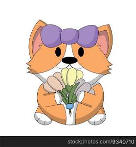 Cute Corgi with flower snowdrop in color