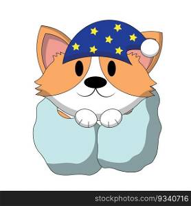Cute Corgi with sleep hat and blanket in color